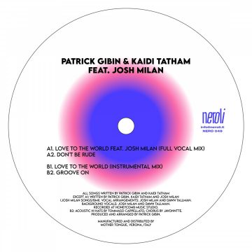 white cover side A of love to the world vinyl record by patrick gibin, kaidi tatham featuring josh milan