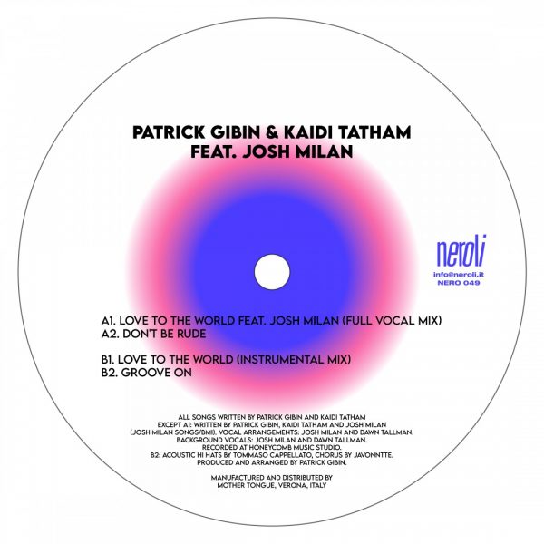 white cover side A of love to the world vinyl record by patrick gibin, kaidi tatham featuring josh milan