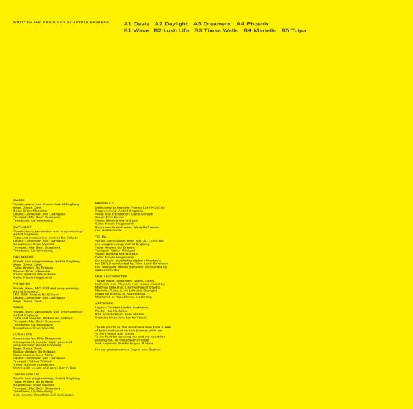 astrid engberg's yellow back cover of the tulpa lp album with all the tracks like oasis, tulpa, daylight