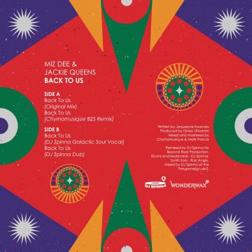 back cover of Mizz Dee feat. Jackie Queens' Back To Us vinyl record with the tracklist (ft. Dj Spinna, galactic soul remix)