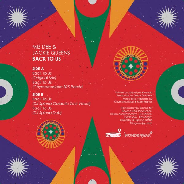 back cover of Mizz Dee feat. Jackie Queens' Back To Us vinyl record with the tracklist (ft. Dj Spinna, galactic soul remix)