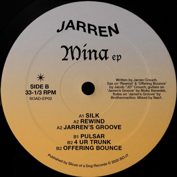 back cover side b MINA EP by Jarren with the tracklist (silk included). house and electronic music vinyl