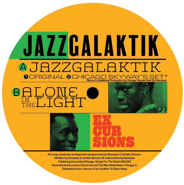 green and orange front cover of jazzgalaktik vinyl record by c.johnson feat. scorpeze (incl. chicago skyway remix)